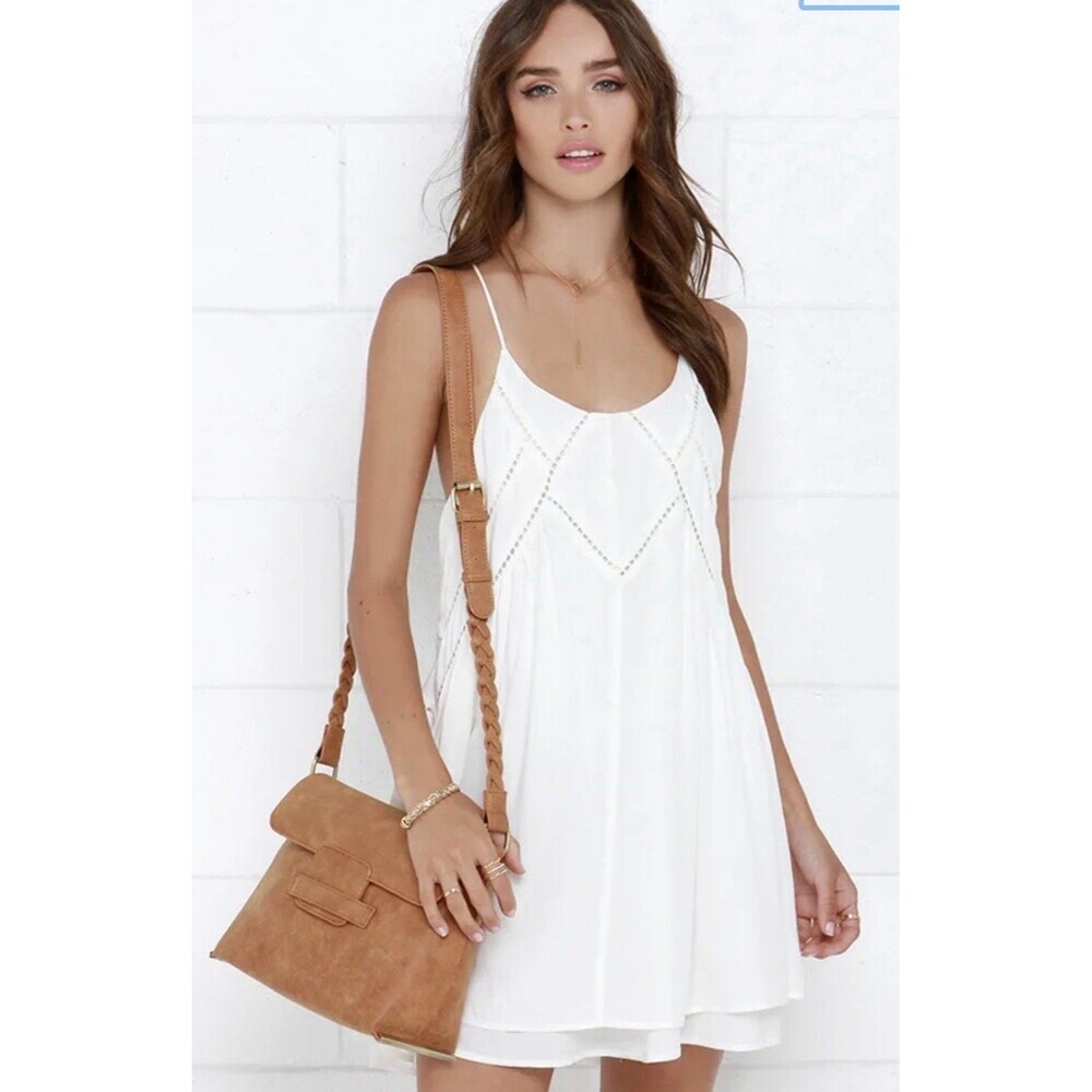 Lulus Easy Honey White Mini Dress Sz S Rayon lining Back zipper Flowy boho dress